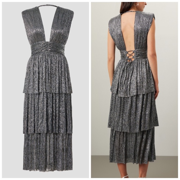Sabina Musayev Dresses & Skirts - Sabina Musayev Bonita Dress Silver Metallic Midi Cocktail Dress - LARGE